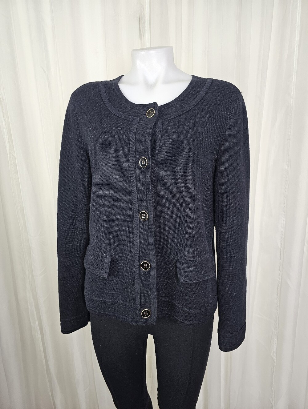 Talbots Black Crewneck Cardigan Sweater Jacket Preppy Old Money Large